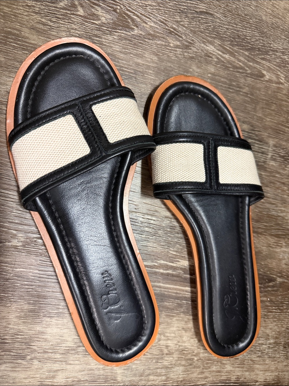 J. Crew Black Leather & Cream Canvas Slide Sandals with Tan Trim